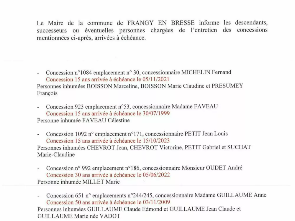 Avis de constatation des concessions arrivées à échéance